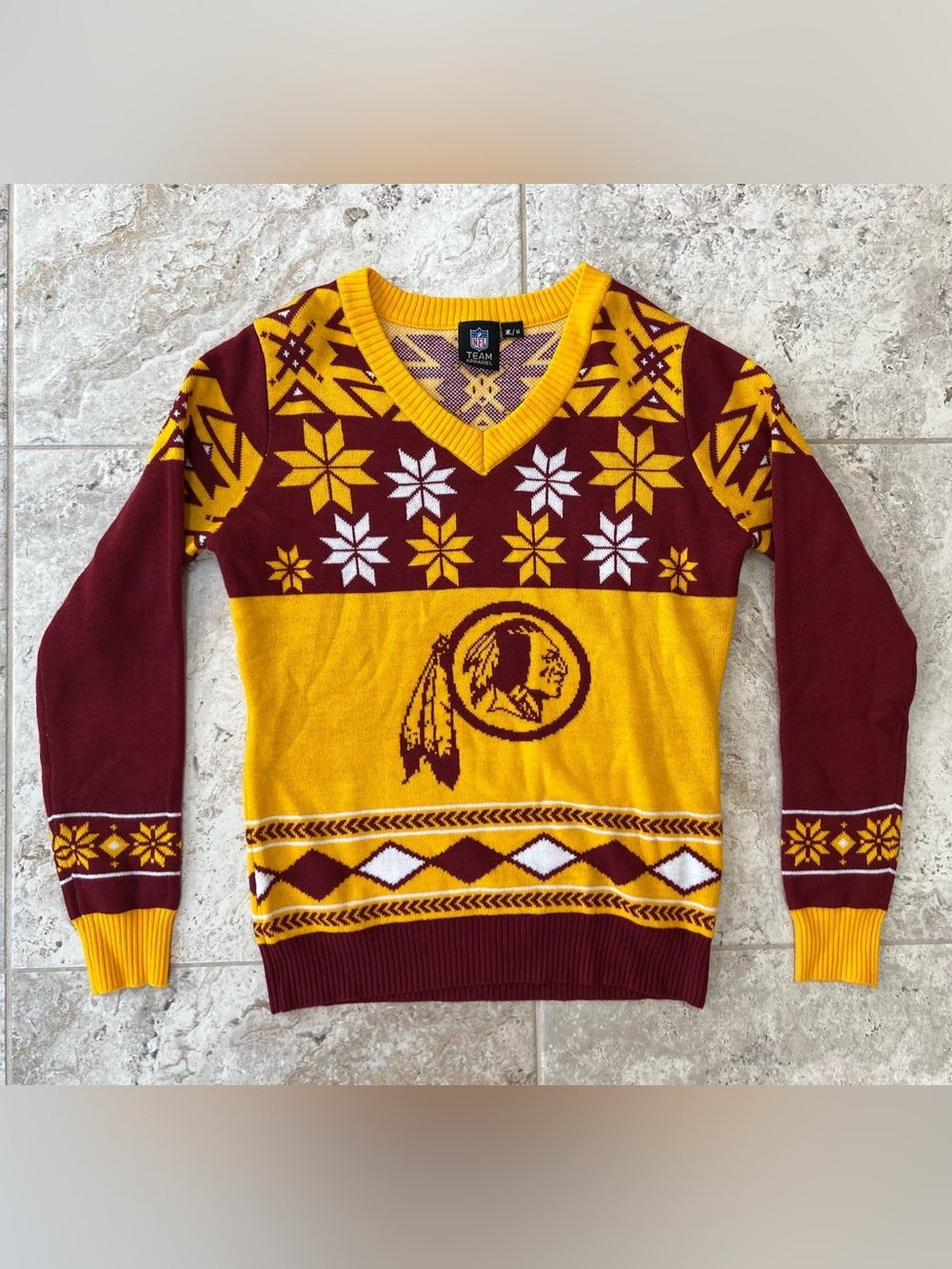NFL Washington Redskins Football V-Neck Ugly Christmas Sweater Burgundy/Gold, M